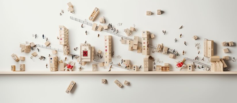 Photo of a minimalist display of wooden blocks on a white wall with copy space