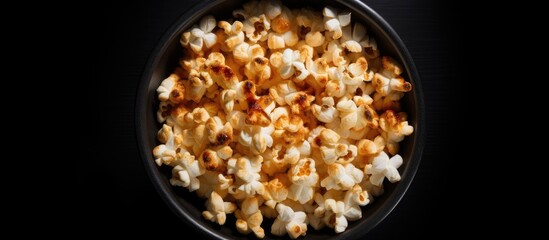 Photo of a bowl of popcorn on a table with plenty of space for text or design elements with copy space