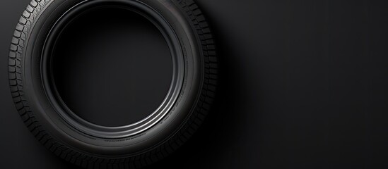Photo of a close up of a tire on a black background with copy space