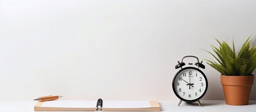 Photo of an alarm clock and pen on a desk, with plenty of space for your own notes and reminders with copy space
