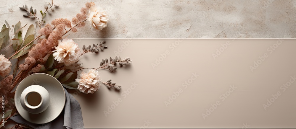 Poster Photo of a beautifully arranged vase of flowers and a cup on a table with plenty of space for your own message or design with copy space