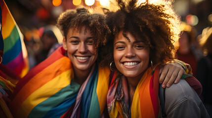 Couple on lgbt gay pride with rainbow flag. Generative Ai