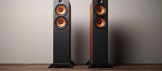 Photo of a pair of speakers on a wooden floor with ample copy space with copy space - obrazy, fototapety, plakaty
