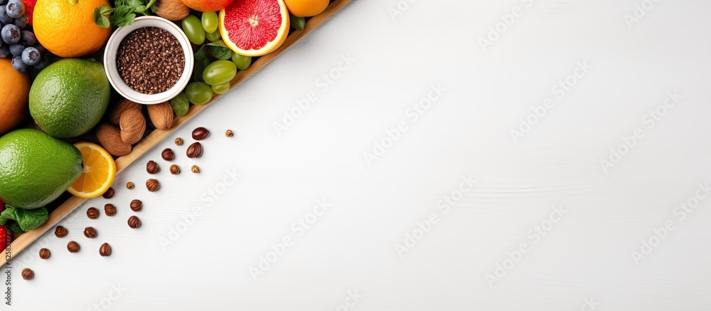 Aufkleber photo of a vibrant arrangement of fruits and vegetables forming a colorful triangle with copy space