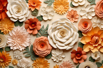 background of colorful  paper roses, colorful flowers of papers on white background 