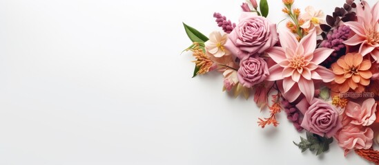 Photo of a colorful floral arrangement on a textured wall with copy space