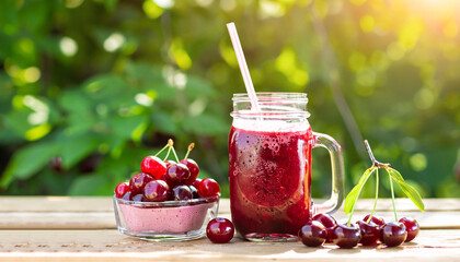 smoothie in mason jar and fresh ripe cherries on wooden table with sunshine garden on the background. Healthy summer drink concept
