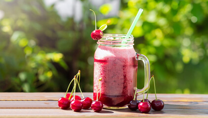 smoothie in mason jar and fresh ripe cherries on wooden table with sunshine garden on the background. Healthy summer drink concept