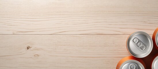 Photo of refreshing orange soda cans on a rustic wooden table with plenty of room for copy with copy space