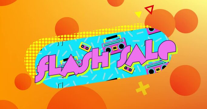 Animation of flash sale text over retro vibrant pattern background