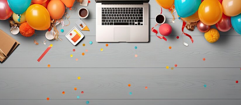 Photo of a laptop surrounded by colorful balloons and confetti, perfect for celebrating a special occasion with copy space
