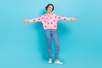 Full body photo of friendly young lady wear trendy cardigan strawberry print jeans brand style...