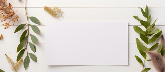 Photo of a blank paper surrounded by plants and feathers, perfect for adding your own creative touch with copy space