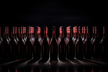 full set of red wine bottles on black background