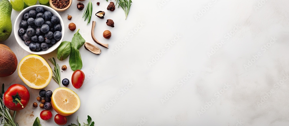 Poster photo of colorful assortment of fruits and vegetables on a clean white background with copy space