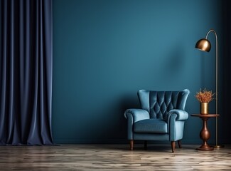 Mock-up of a chair with a lamp in a living room interior, against a background of dark blue walls, using a 3D render. Made with Generative AI technology