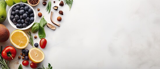Photo of colorful assortment of fruits and vegetables on a clean white background with copy space - obrazy, fototapety, plakaty