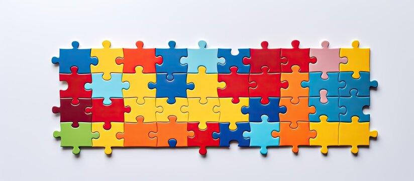 Photo of a vibrant and colorful jigsaw puzzle on a clean white background with plenty of space for text or other design elements with copy space