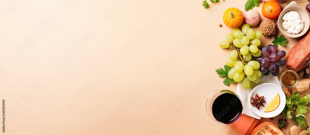Poster photo of a colorful assortment of fresh fruits and vegetables arranged on a table with copy space