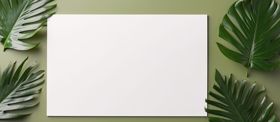 Photo of a blank paper surrounded by tropical leaves on a green background with copy space