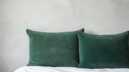 Front view of a hotel bed with dark green pillows.