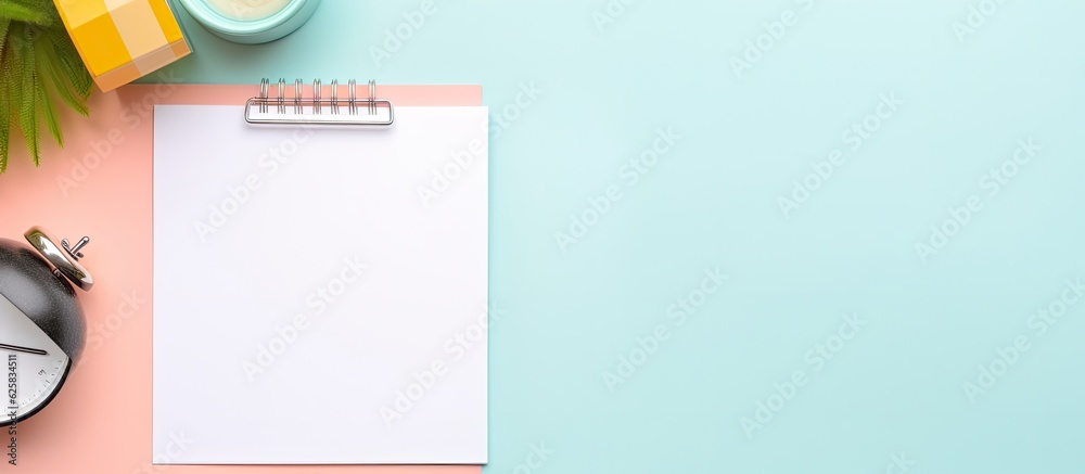 Poster Photo of a cup of coffee and a notepad on a desk with plenty of space for writing or doodling with copy space