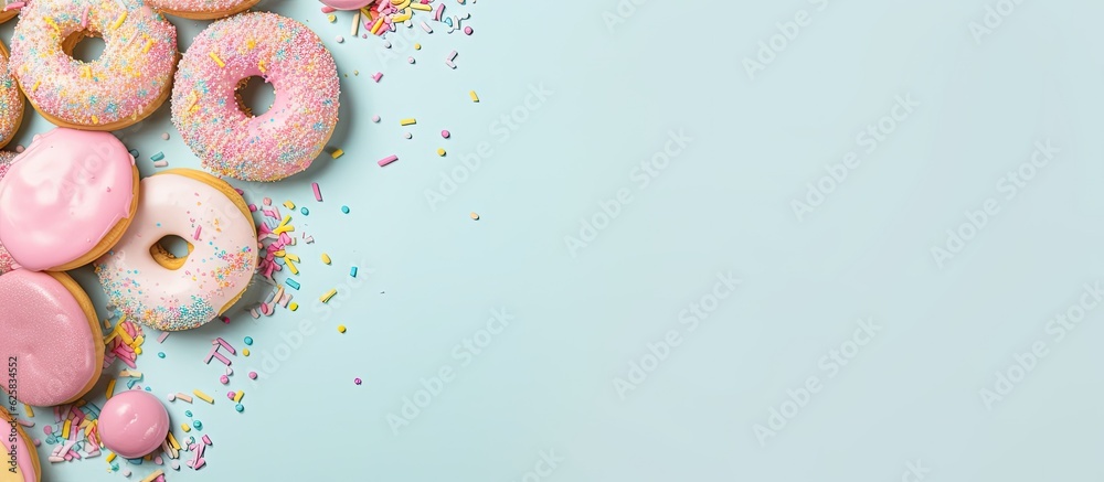 Aufkleber photo of a colorful stack of donuts with sprinkles on a vibrant blue background with copy space