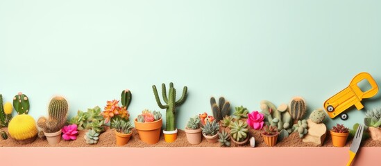 Photo of a yellow toy truck parked among a row of cacti, with empty space for text or other elements with copy space