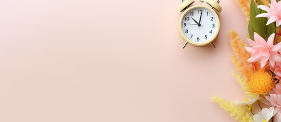 Photo of a clock and flowers on a pink background with plenty of copy space with copy space