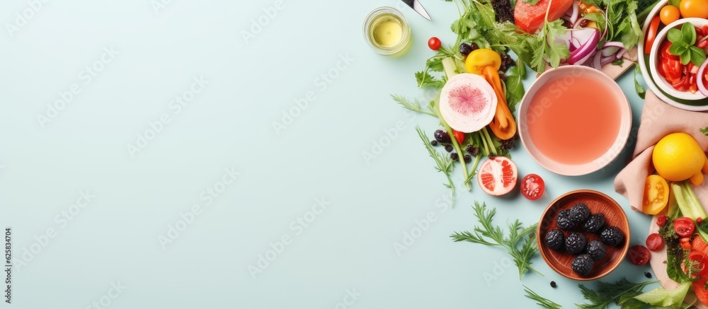 Poster photo of a colorful table filled with fresh fruits and vegetables with copy space