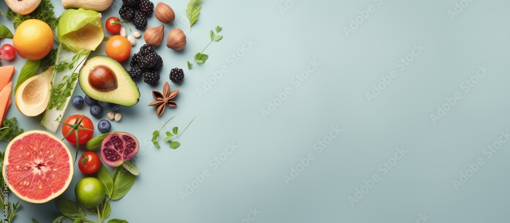 Poster photo of a colorful assortment of fruits and vegetables on a vibrant blue background with plenty of 