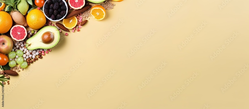 Aufkleber photo of a bountiful display of fresh fruits and vegetables on a rustic table with copy space