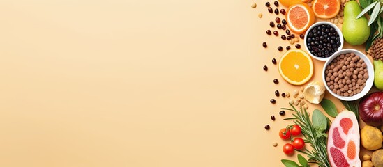 Photo of a colorful assortment of fresh fruits and vegetables on a table with copy space