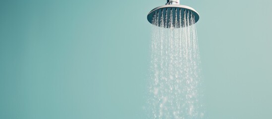 Photo of a refreshing shower with water flowing from the shower head with copy space