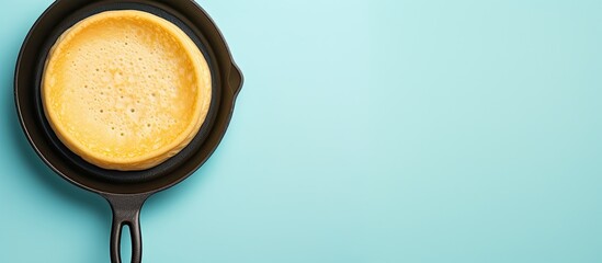Photo of a cast iron skillet on a vibrant blue background with plenty of copy space with copy space