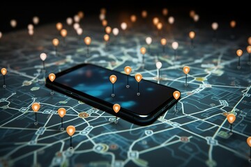 Man using GPS map on mobile app to locate address in city, representing smart logistics and global business technology.