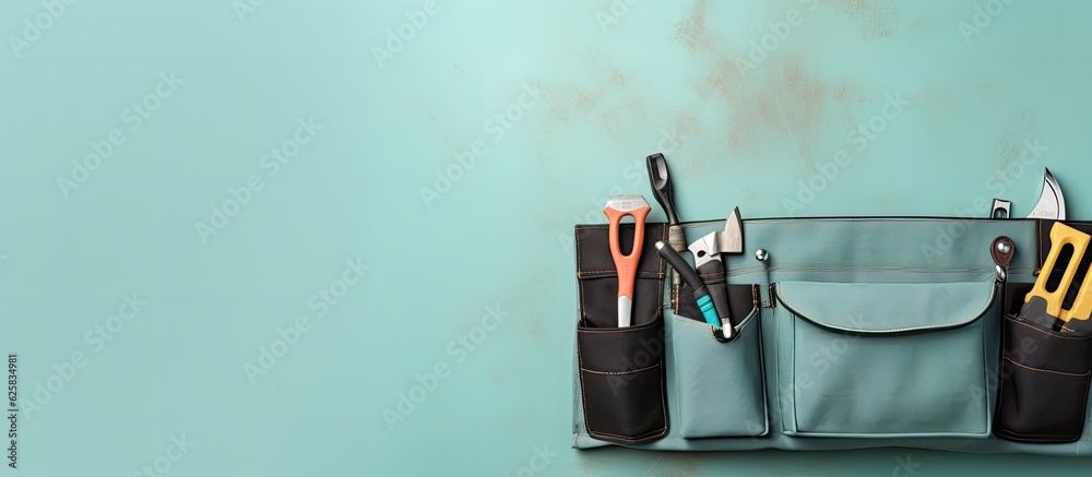Poster Photo of a tool holder with a variety of tools neatly arranged on a table with copy space