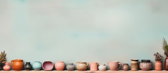 Photo of a table adorned with a row of beautifully crafted vases with copy space - obrazy, fototapety, plakaty