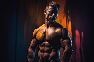 Fototapeta na wymiar Sportive man bodybuilder is posing in the colorful neon light with naked muscular torso showing chest, abdominal muscles in neon studio light. Ai generated.