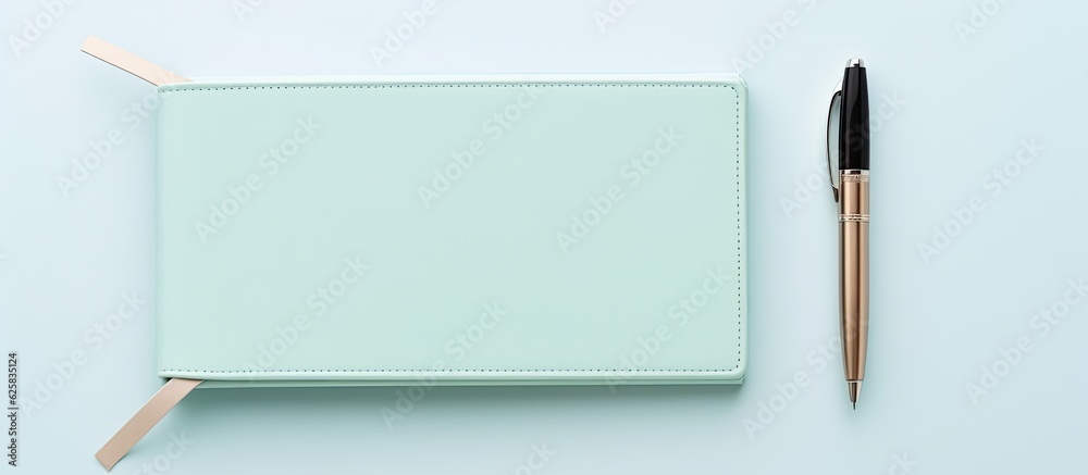 Poster photo of a notebook with a pen on top, perfect for jotting down ideas and thoughts with copy space