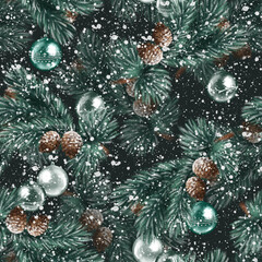 Obraz na płótnie Canvas Christmas seamless pattern with balls and fir branches. Hand drawn dark Christmas background with snow.