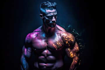 Fototapeta na wymiar Sportive man bodybuilder is posing in the colorful neon light with naked muscular torso showing chest, abdominal muscles in neon studio light. Ai generated.