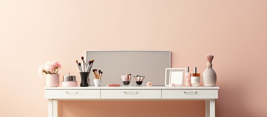 Photo of a beautifully decorated desk with a mirror and elegant accessories with copy space