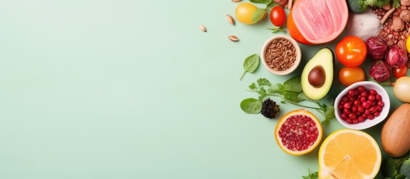Photo of a colorful assortment of fruits and vegetables on a vibrant green background with copy space