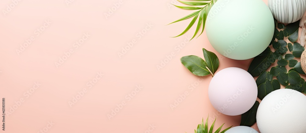 Poster photo of a table filled with a colorful display of fresh eggs with copy space