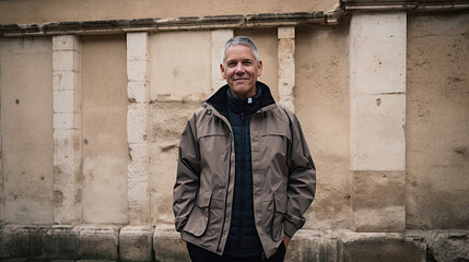 Obraz premium Senior man tourist outdoors sightseeing in historic town.
