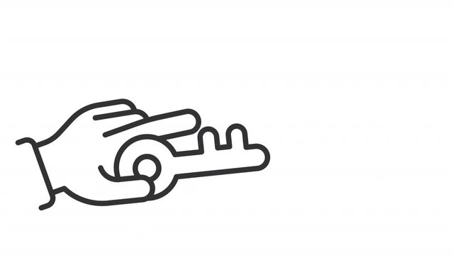 Key in hand animated icon. Holding out key line animation. Estate agent. House purchase. Rent car. Open lock. Black illustration on white background. HD video with alpha channel. Motion graphic