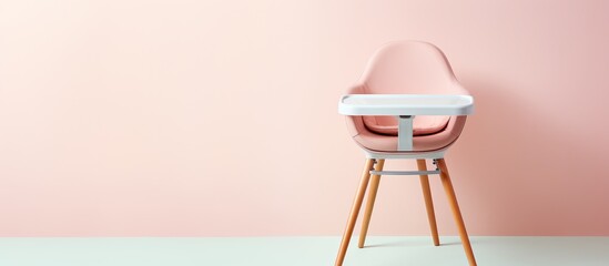 Photo of a babys high chair against a vibrant pink wall with plenty of space for copy with copy space