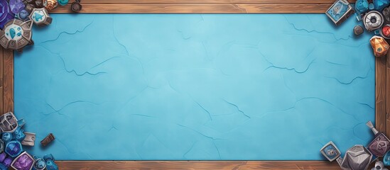 Photo of various objects on a blue background with a wooden frame, offering plenty of copy space with copy space