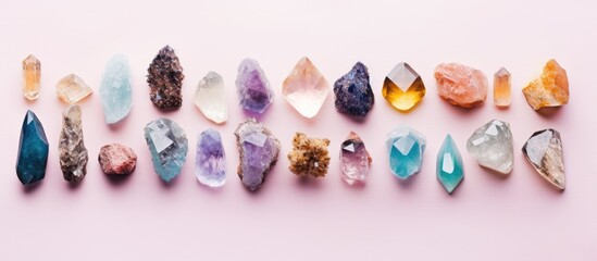 Photo of sparkling crystals in vibrant colors on a soft pink backdrop with copy space